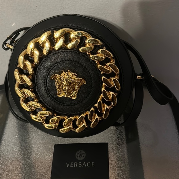NWT Authentic VERSACE La Medusa Round Denim Crossbody Bag  Versace Round mini bag with gold plated chains/madusa